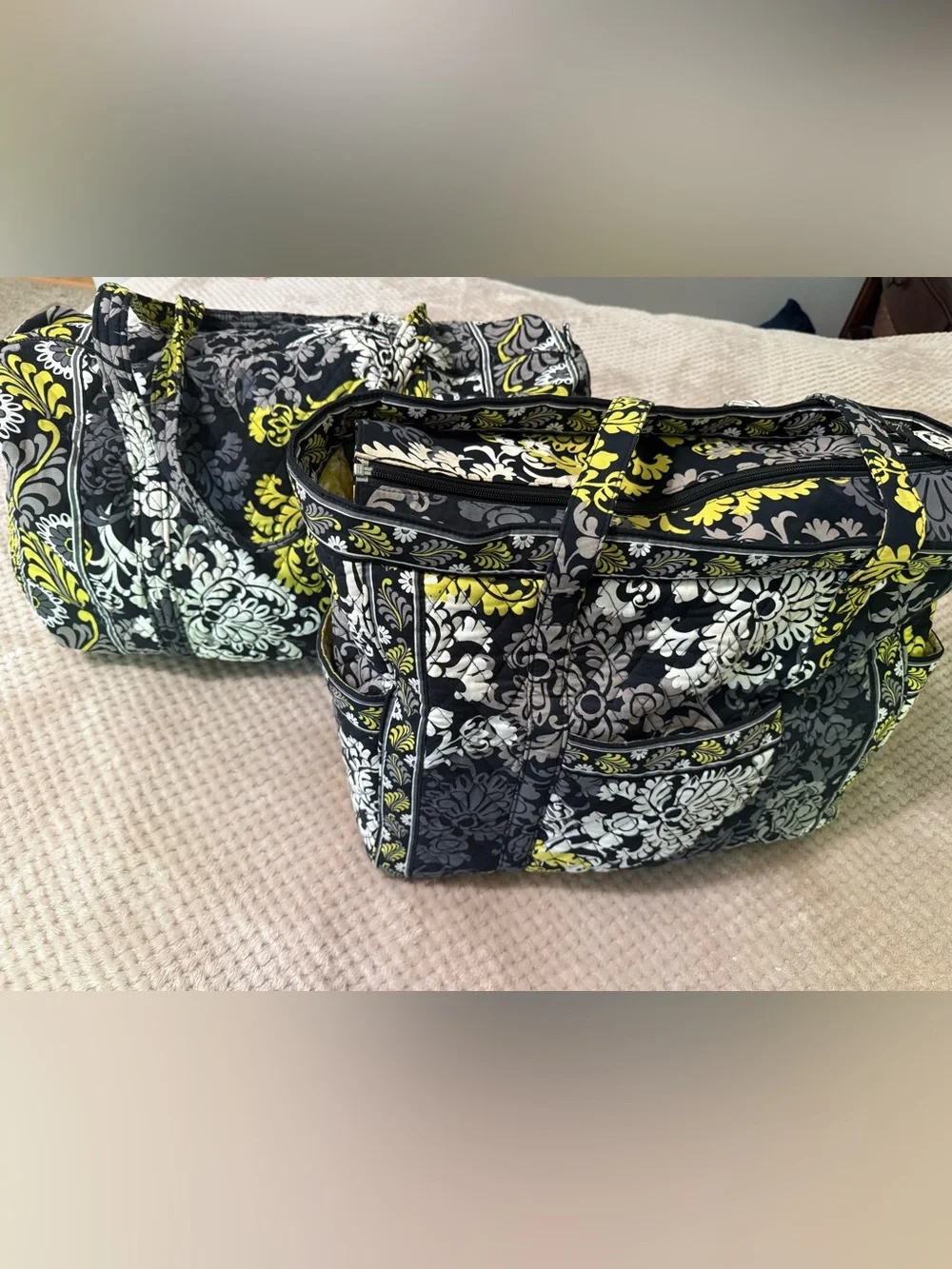 Vera Bradley Quilted Floral Tote and Duffel in Black, Gray & Yellow